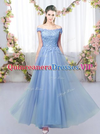 Spectacular Blue Empire Lace Quinceanera Dama Dress Lace Up Tulle Sleeveless Floor Length