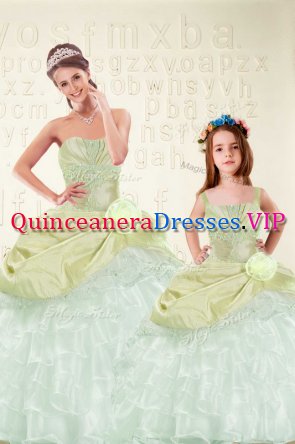 Floor Length Lace Up Ball Gown Prom Dress Yellow Green for Military Ball and Sweet 16 and Quinceanera with Beading and Ruffled Layers and Hand Made Flower