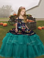 Teal Sleeveless Tulle Lace Up Little Girl Pageant Gowns for Party and Wedding Party