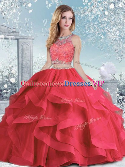 Stylish Sleeveless Organza Floor Length Clasp Handle Ball Gown Prom Dress in Coral Red with Beading and Ruffles - Click Image to Close