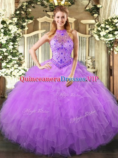 Trendy Halter Top Sleeveless Lace Up Ball Gown Prom Dress Lavender Organza - Click Image to Close