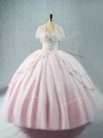 Simple Pink Ball Gowns Tulle Sweetheart Sleeveless Beading Floor Length Lace Up 15 Quinceanera Dress