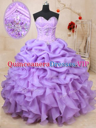 Suitable Sleeveless Floor Length Beading and Ruffles and Pick Ups Lace Up Sweet 16 Quinceanera Dress with Lavender