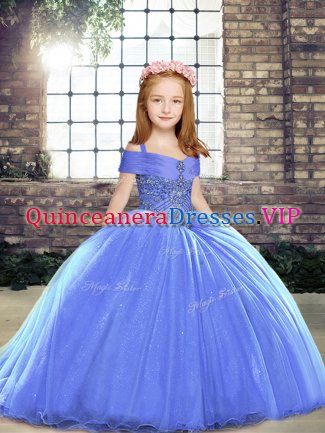 Super Straps Sleeveless Pageant Dress Toddler Brush Train Beading Blue Tulle