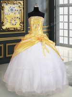Yellow And White Organza and Taffeta Lace Up Strapless Sleeveless Floor Length 15th Birthday Dress Beading and Pick Ups and Hand Made Flower