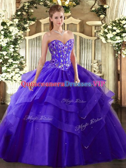 Stunning Purple Sleeveless Floor Length Embroidery and Ruffled Layers Lace Up Quinceanera Gowns - Click Image to Close