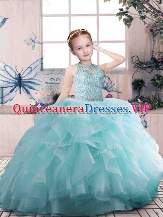 Affordable Floor Length Ball Gowns Sleeveless Aqua Blue Little Girls Pageant Dress Wholesale Zipper