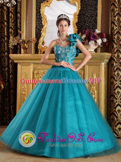 Dadeville Alabama/AL Stunning A-Line / Princess Turquoise One Shoulder Quinceanera Gowns With Tulle Beaded Decorate - Click Image to Close
