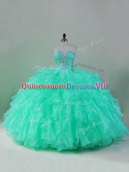 Most Popular Turquoise Ball Gowns Organza Sweetheart Sleeveless Beading and Ruffles Floor Length Lace Up Vestidos de Quinceanera - Click Image to Close