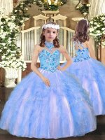 Blue Tulle Lace Up Little Girl Pageant Gowns Sleeveless Floor Length Appliques and Ruffles