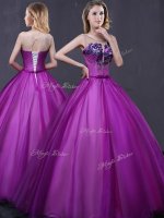 Beauteous Scoop Floor Length Lace Up Vestidos de Quinceanera Purple for Military Ball and Sweet 16 and Quinceanera with Beading and Appliques