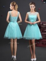 Delicate Tulle Scoop Sleeveless Lace Up Beading and Lace and Appliques and Belt Dama Dress for Quinceanera in Aqua Blue