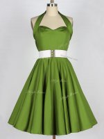Sleeveless Knee Length Belt Lace Up Court Dresses for Sweet 16 with Olive Green