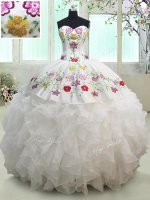 Floor Length White Quinceanera Dress Organza and Taffeta Sleeveless Embroidery and Ruffles