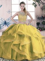Ball Gowns Quinceanera Dress Olive Green Scoop Tulle Sleeveless Floor Length Lace Up(SKU SJQDDT2071002-6BIZ)