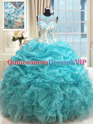 Scoop Sleeveless Quinceanera Dress Floor Length Appliques and Ruffles and Pick Ups Aqua Blue Organza
