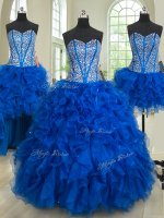 Most Popular Four Piece Floor Length Ball Gowns Sleeveless Royal Blue Vestidos de Quinceanera Lace Up