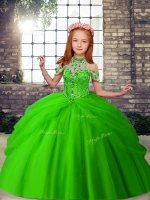 Sleeveless Tulle Floor Length Lace Up Little Girls Pageant Gowns in Green with Beading