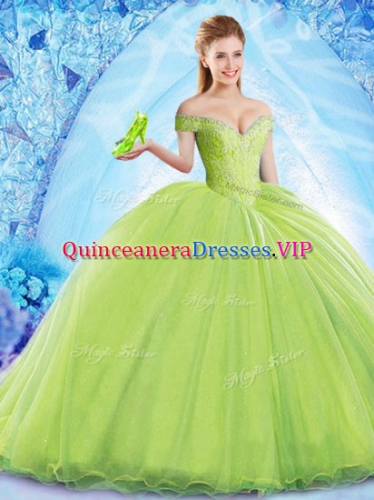 Dazzling Yellow Green Organza Lace Up Sweet 16 Dress Sleeveless Brush Train Beading - Click Image to Close