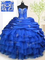 Royal Blue Ball Gowns Beading and Appliques and Ruffled Layers and Pick Ups Ball Gown Prom Dress Lace Up Organza and Taffeta Sleeveless With Train