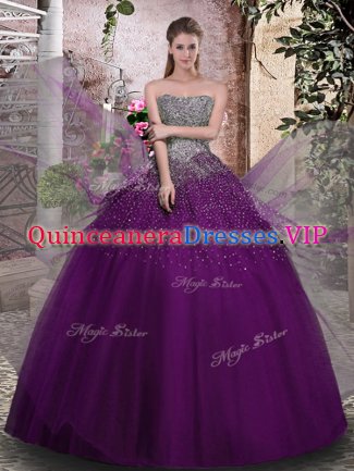 Flirting Purple Lace Up Strapless Beading 15th Birthday Dress Tulle Sleeveless