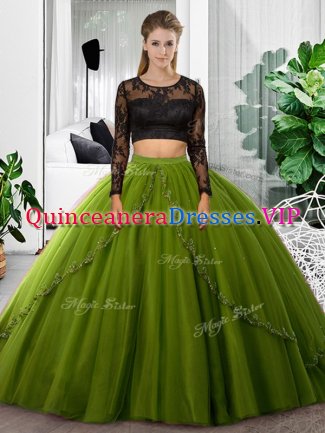 Clearance Olive Green Long Sleeves Floor Length Lace and Ruching Backless Military Ball Gown