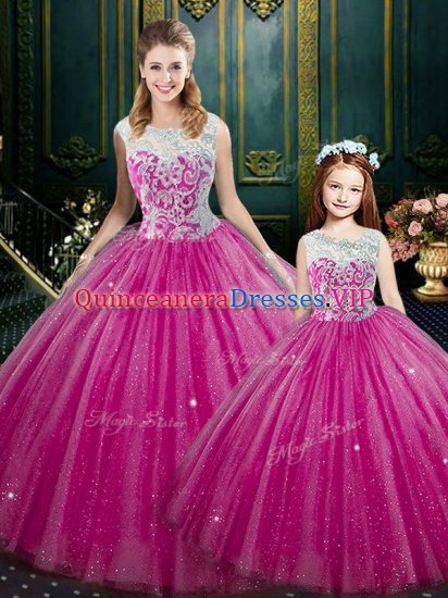 Hot Pink Lace Up Sweet 16 Dresses Lace Sleeveless Floor Length - Click Image to Close