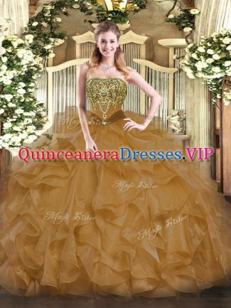 Flare Brown Ball Gowns Strapless Sleeveless Organza Floor Length Lace Up Beading and Ruffles 15th Birthday Dress