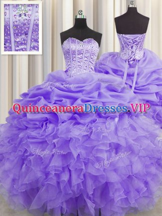 Fancy Visible Boning Sleeveless Lace Up Floor Length Beading and Ruffles and Pick Ups Party Dress for Toddlers