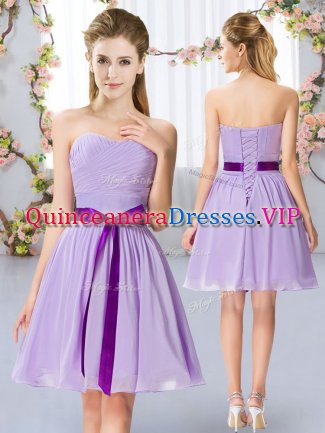 Sweetheart Sleeveless Quinceanera Court Dresses Mini Length Belt Lavender Chiffon