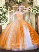 Tulle Sweetheart Sleeveless Zipper Beading and Lace and Ruffles Ball Gown Prom Dress in Orange