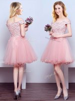 Graceful Pink A-line Tulle Off The Shoulder Sleeveless Beading and Lace Mini Length Lace Up Dama Dress for Quinceanera