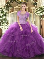 Fancy Floor Length Clasp Handle Quince Ball Gowns Eggplant Purple for Military Ball and Sweet 16 with Beading and Ruffled Layers