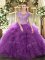 Fancy Floor Length Clasp Handle Quince Ball Gowns Eggplant Purple for Military Ball and Sweet 16 with Beading and Ruffled Layers