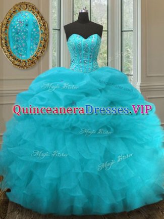 Stunning Pick Ups Floor Length Ball Gowns Sleeveless Aqua Blue Quinceanera Dress Lace Up