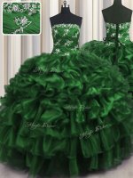 Ruffled Layers Floor Length Dark Green Quince Ball Gowns Strapless Sleeveless Lace Up