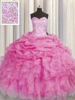 Organza Sweetheart Sleeveless Lace Up Beading and Ruffles Ball Gown Prom Dress in Rose Pink