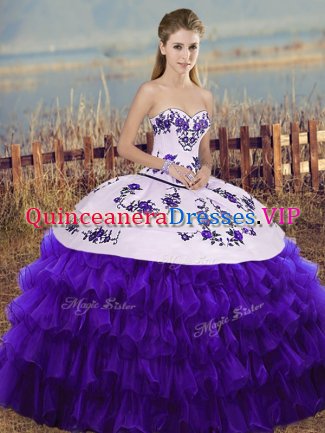 Sweetheart Sleeveless Organza Quinceanera Gowns Embroidery and Ruffled Layers and Bowknot Lace Up