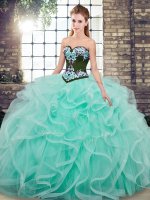 Aqua Blue Sweetheart Lace Up Embroidery and Ruffles Vestidos de Quinceanera Sweep Train Sleeveless(SKU SJQDDT2164002-3BIZ)