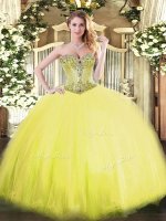 Yellow Ball Gowns Beading Vestidos de Quinceanera Lace Up Tulle Sleeveless Floor Length