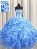 Extravagant Visible Boning Baby Blue Organza Lace Up Strapless Sleeveless Floor Length Quince Ball Gowns Beading and Ruffles
