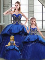 Adorable Blue Lace Up Sweet 16 Dress Beading and Appliques and Embroidery Sleeveless Court Train