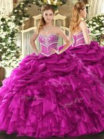 Hot Selling Organza Sweetheart Sleeveless Lace Up Beading and Ruffles and Pick Ups Quinceanera Dresses in Fuchsia