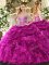 Hot Selling Organza Sweetheart Sleeveless Lace Up Beading and Ruffles and Pick Ups Quinceanera Dresses in Fuchsia