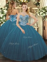 Teal Lace Up Sweetheart Beading Vestidos de Quinceanera Tulle Sleeveless
