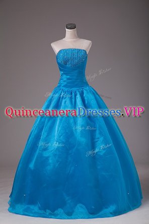 Modern Floor Length Blue 15th Birthday Dress Organza Sleeveless Beading