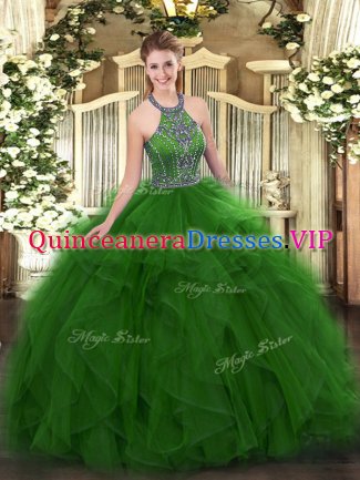 Dazzling Green Ball Gowns Tulle Halter Top Sleeveless Beading and Ruffles Floor Length Lace Up 15th Birthday Dress