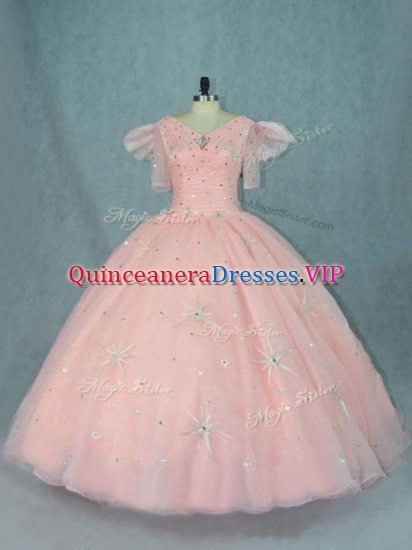 Peach Quinceanera Gowns Sweet 16 and Quinceanera with Beading V-neck Short Sleeves Zipper - Click Image to Close
