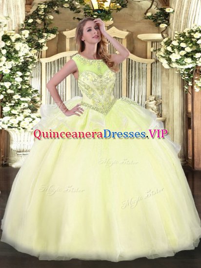 Stunning Ball Gowns Quinceanera Dress Light Yellow Scoop Organza Sleeveless Floor Length Lace Up - Click Image to Close