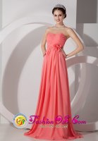 Tiffany & Co Honolulu Hawaii/HI Watermelon Chiffon Empire Sweetheart Ruch and Hand Made Flowers Brush TrainQuinceanera Dama Dress[JSY080804BIZ]